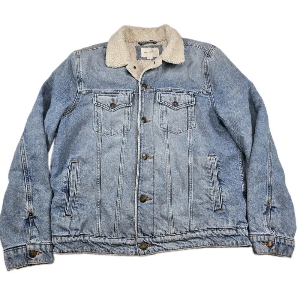 Aeropostale Mens Denim Sherpa Lined Trucker Jacket Size L